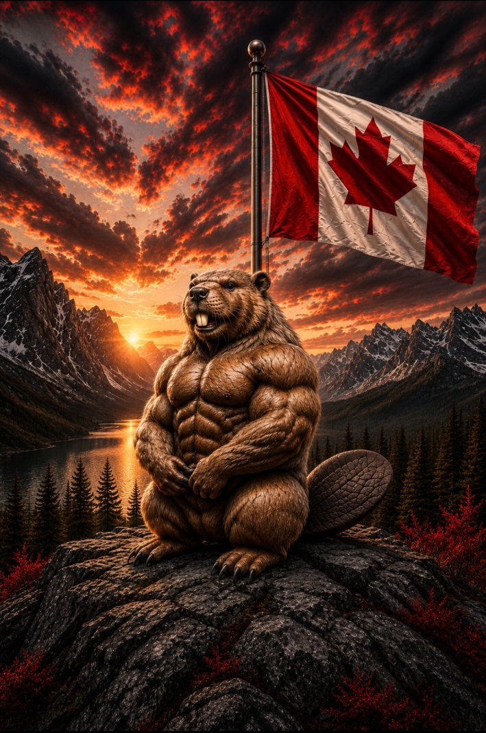 Canadian Gear hero artwork with muscular beaver mascot and Canadian landscape
