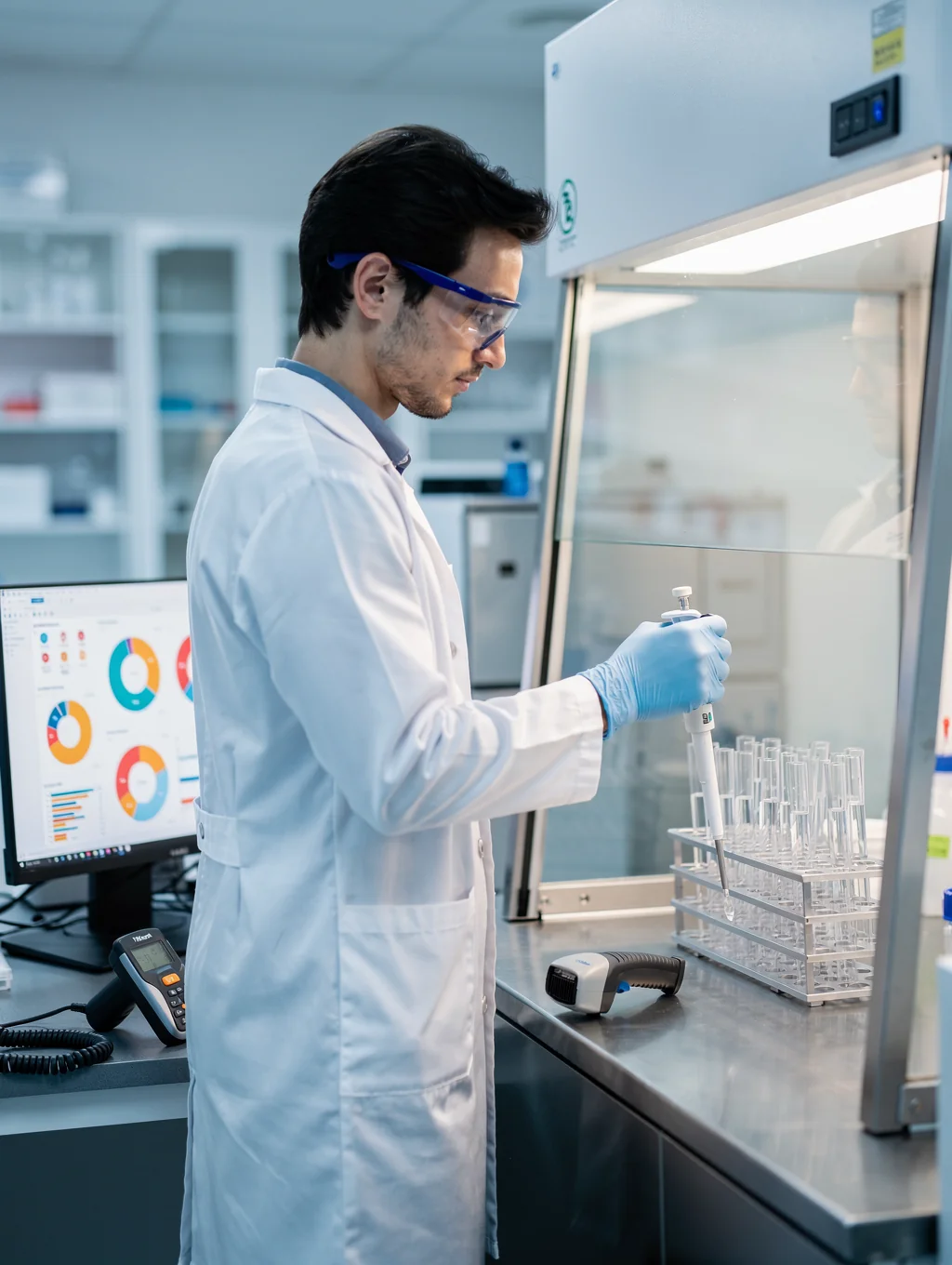 High-precision laboratory pipetting and sealed sample vials under cool laboratory lighting