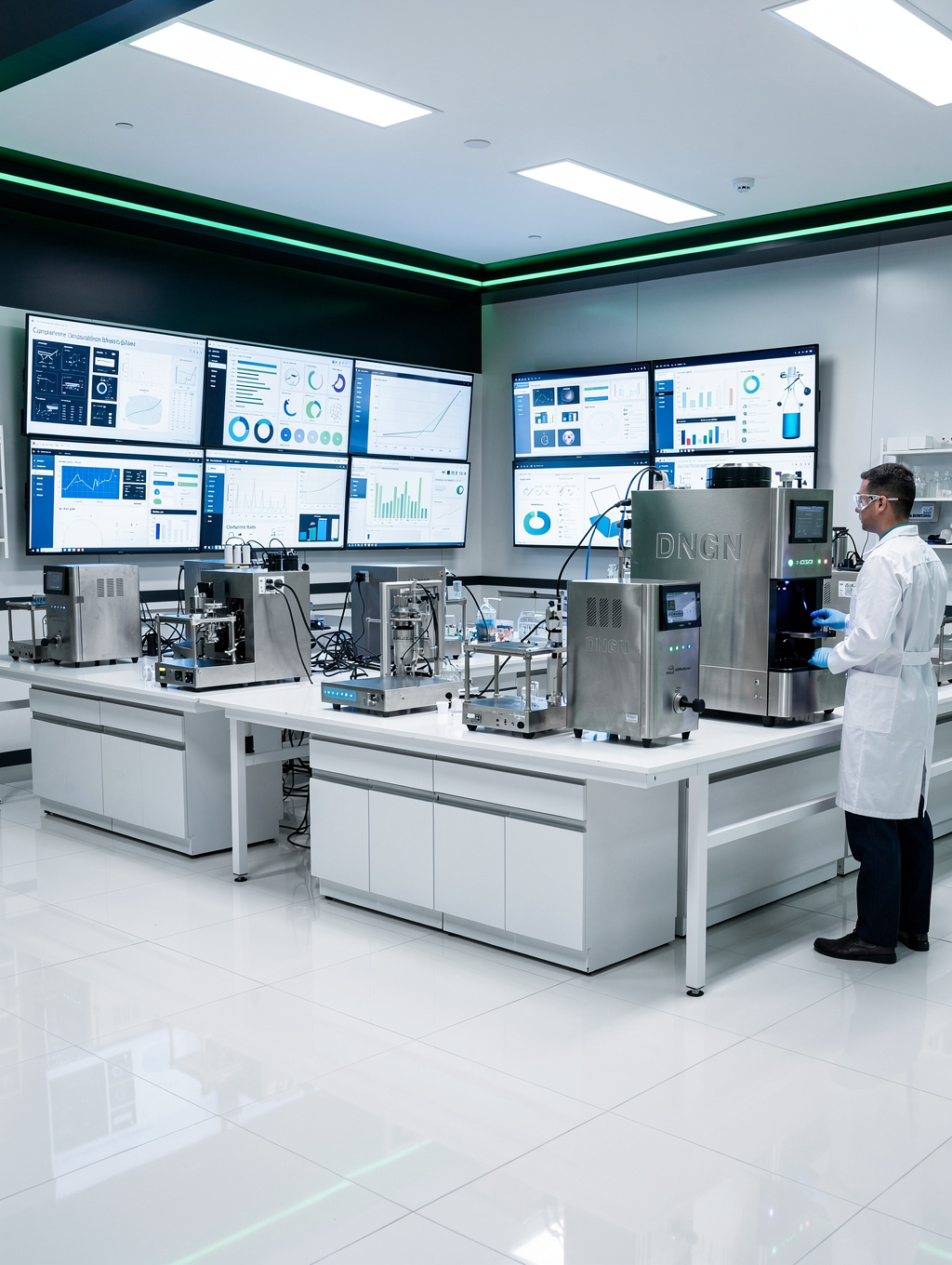 Laboratory personnel examining analytical test data on computer monitors
